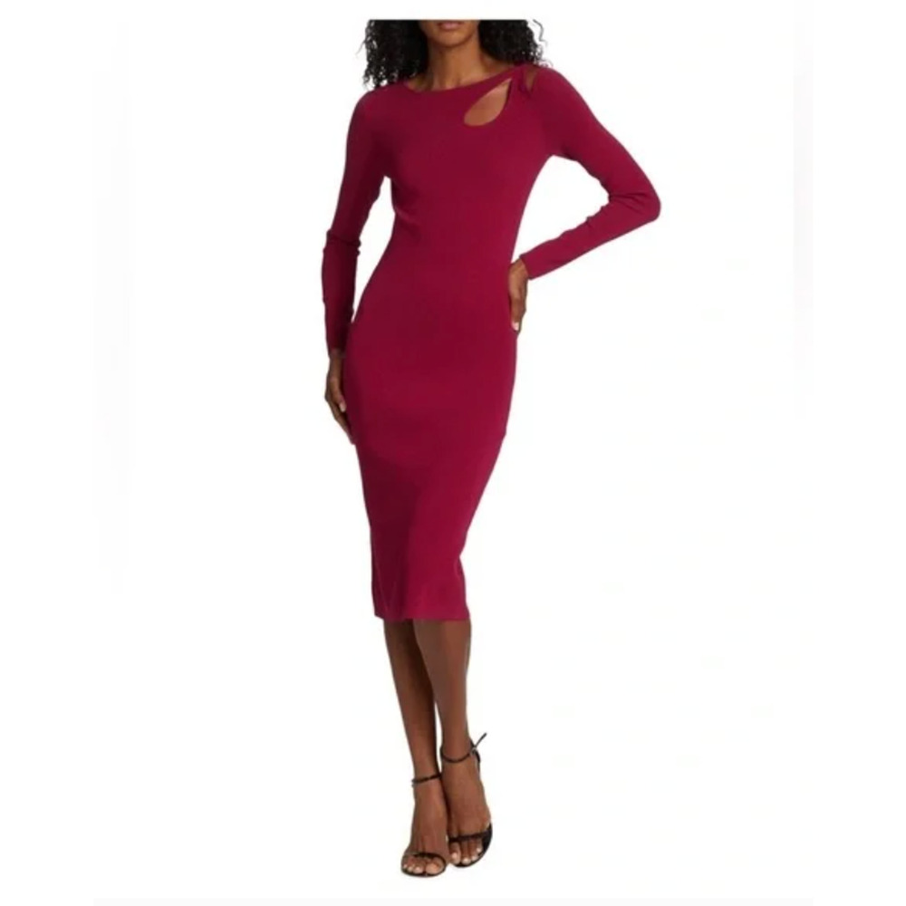 Elie Tahari Knit Sweater Dress Size M Deep Cerise Red Long‎ Sleeve Ribbed Cutout